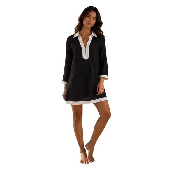 Rachel Zoe Dresses & Skirts - NWT Rachel Zoe Linen Blend Tunic Dress Black White Collared Cover Up Size S
